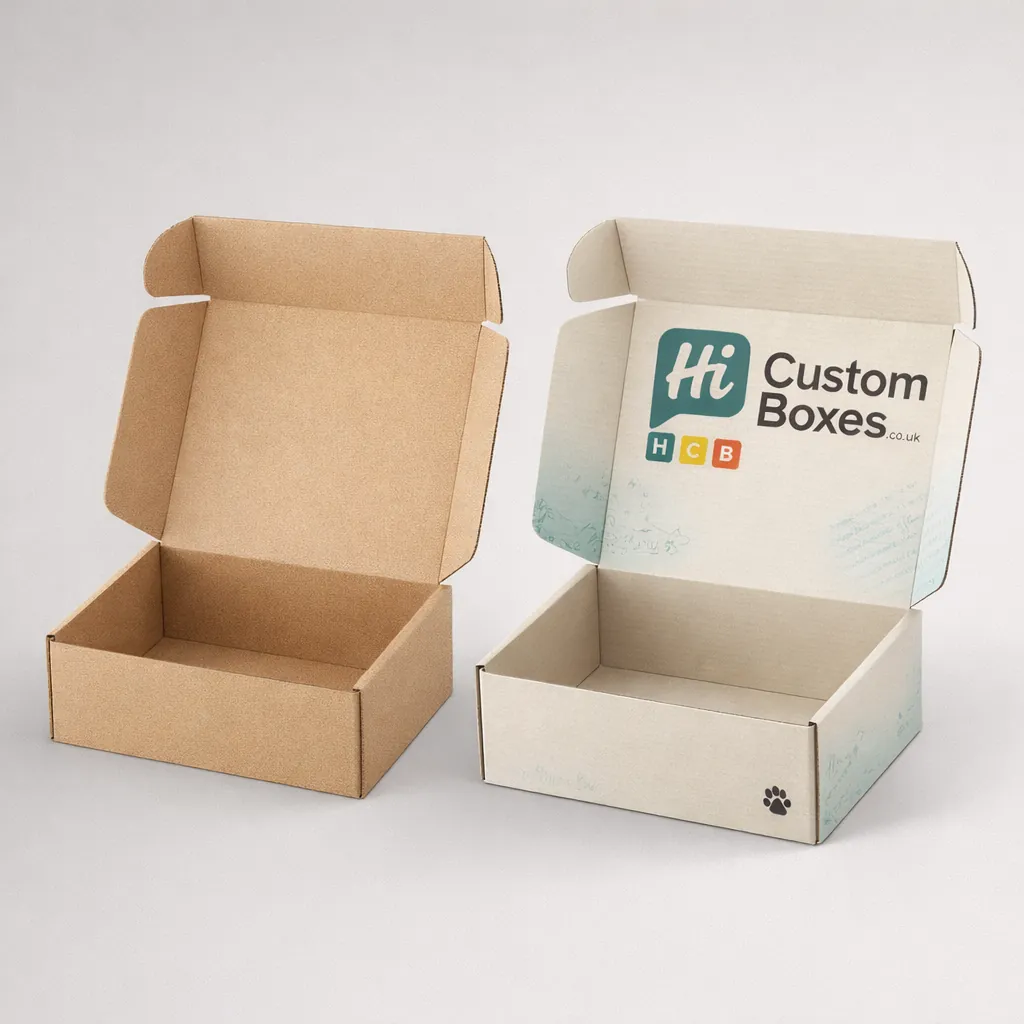Two kraft mailer boxes in natural brown and off-white, with one featuring a custom printed logo. class=